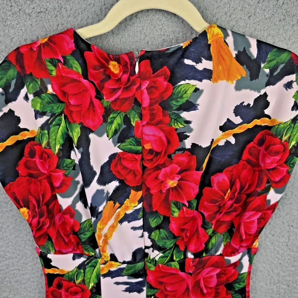 Floral Dress Women 2 Red Bodycon Deep V Sexy Colorful  Siren Cap Sleeves Stretch